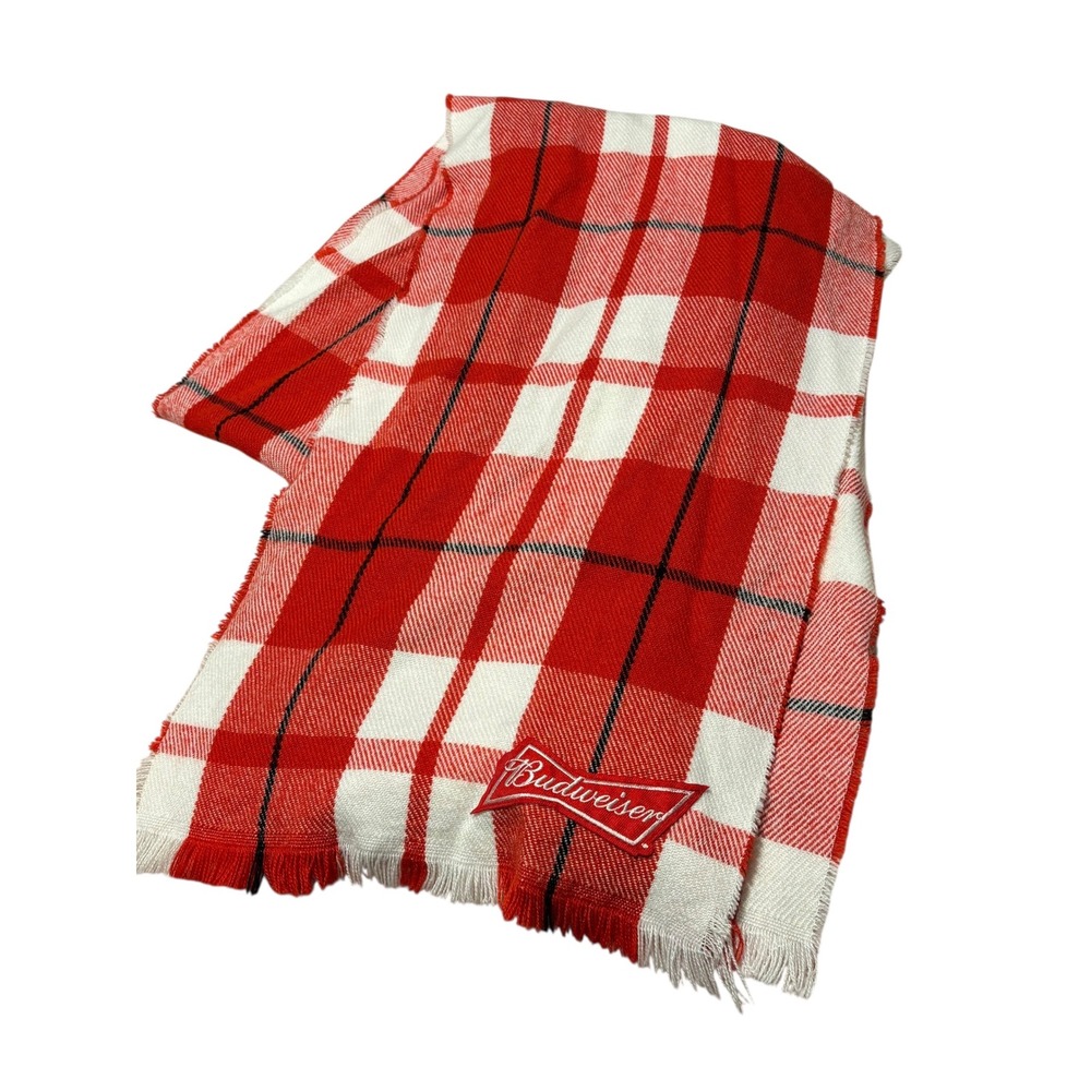 Budweiser Embroidered Logo‎ Red, White and Black Plaid Fringed Scarf. Unisex.